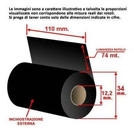 Ribbon 110 mm x 74 m. ink out WAX - Nastro carbongrafico a base cera per stampa a trasferimento termico (Ribbon in Cera)