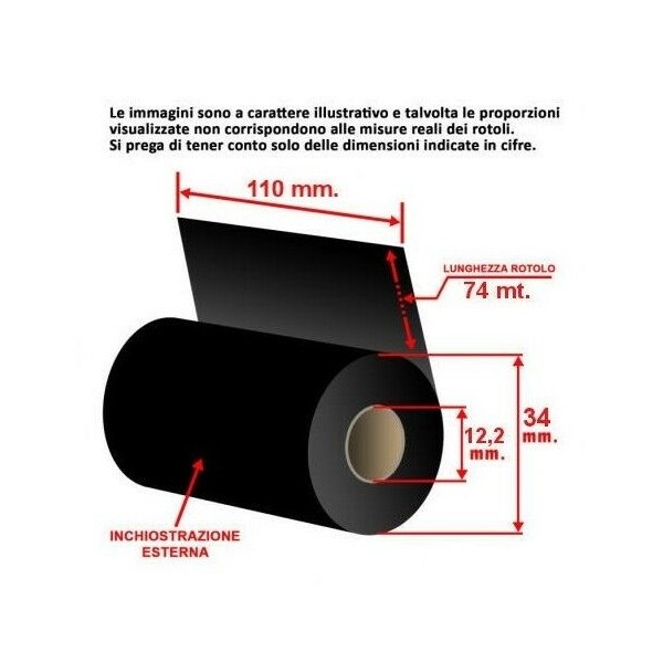 Ribbon 110 mm x 74 m. ink out WAX - Nastro carbongrafico a base cera per stampa a trasferimento termico (Ribbon in Cera)